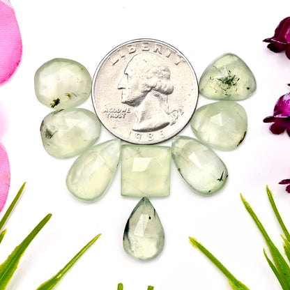 42.85cts Natural Prehnite Faceted Rose Cut Cabochon 10x16mm - 11x13mm Freeform Shape AA Grade Gemstone Parcel -Total 8 Pcs