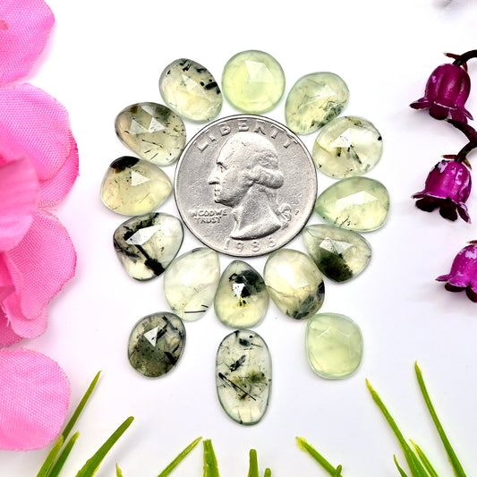 61.4cts Natural Prehnite Faceted Rose Cut Cabochon 10x12mm - 10x16mm Freeform Shape AA Grade Gemstone Parcel -Total 15 Pcs