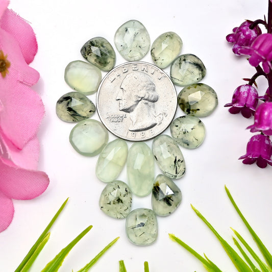 58.15cts Natural Prehnite Faceted Rose Cut Cabochon 8x16mm - 9x12mm Freeform Shape AA Grade Gemstone Parcel -Total 15 Pcs