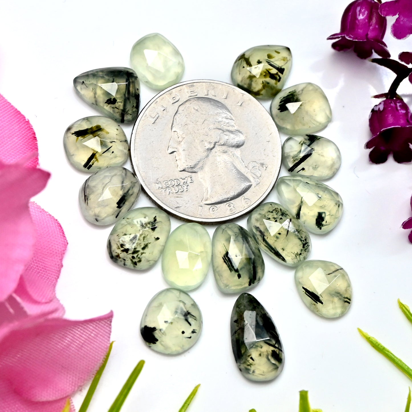 46.15cts Natural Prehnite Faceted Rose Cut Cabochon 8x14mm - 7x11mm Freeform Shape AA Grade Gemstone Parcel -Total 15 Pcs