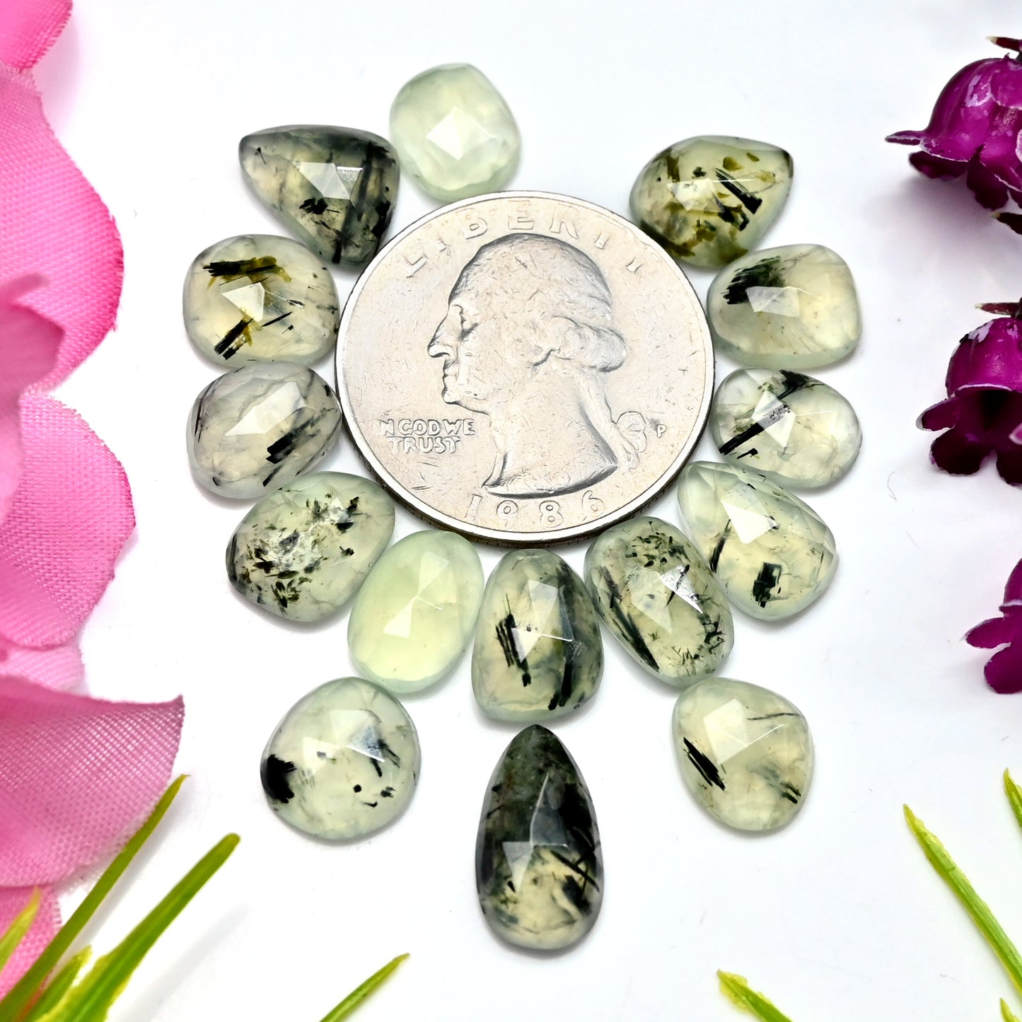 46.15cts Natural Prehnite Faceted Rose Cut Cabochon 8x14mm - 7x11mm Freeform Shape AA Grade Gemstone Parcel -Total 15 Pcs