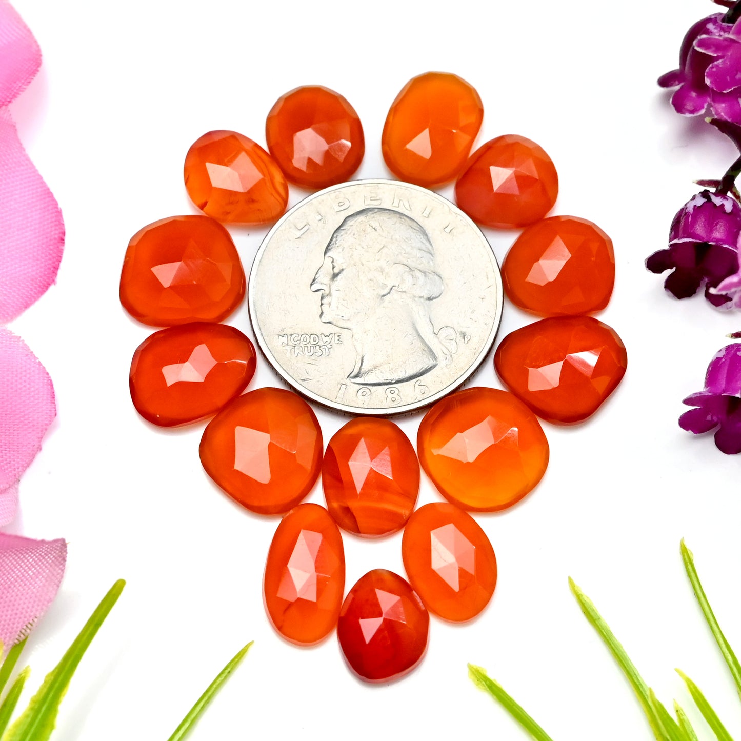 40.90cts Natural Carnelian 9x13mm - 7x13mm Freeform Rose Cut Cabochon AA Grade Gemstone Parcel -Total 14 Pcs