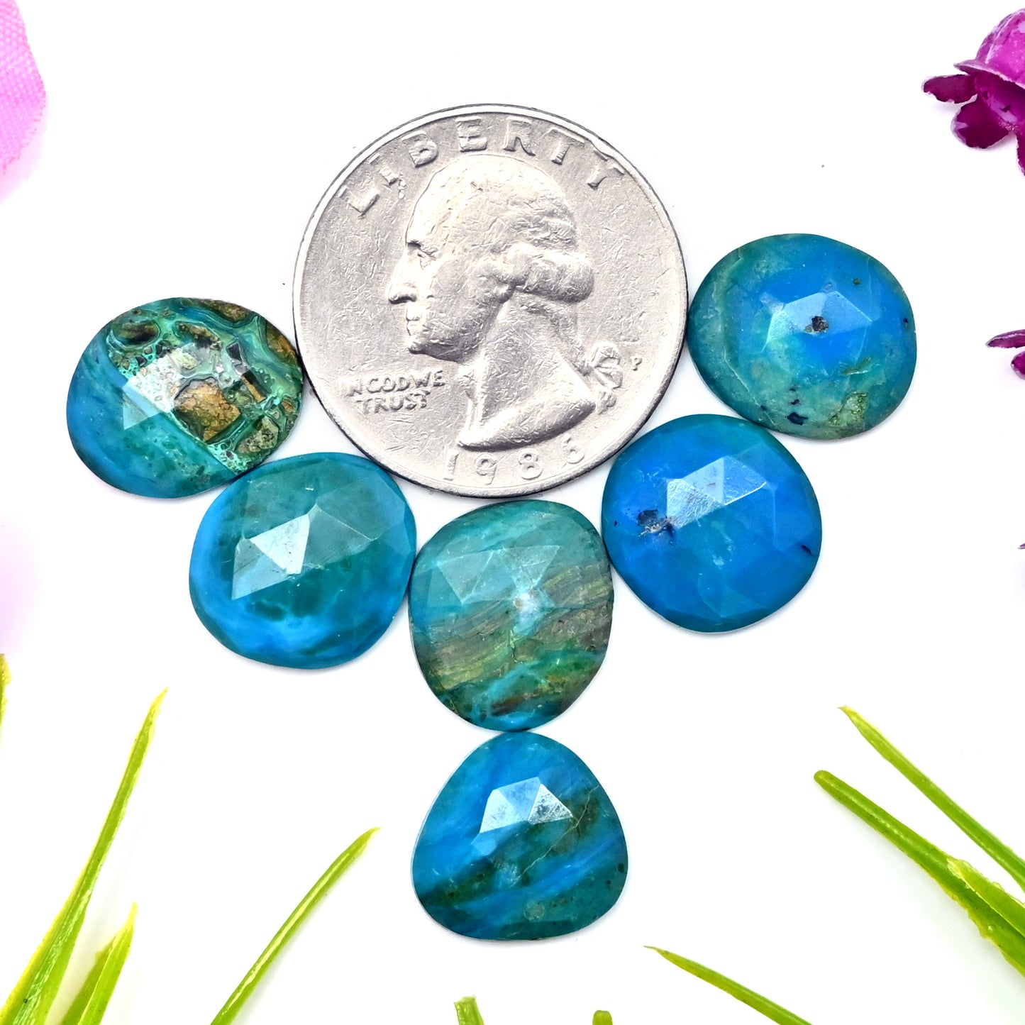 24.4cts Peruvian Blue Opal Smooth Cabochon 12x15mm - 13x13mm Free Form Shape AA Grade Gemstone Parcel -Total 6 Pcs