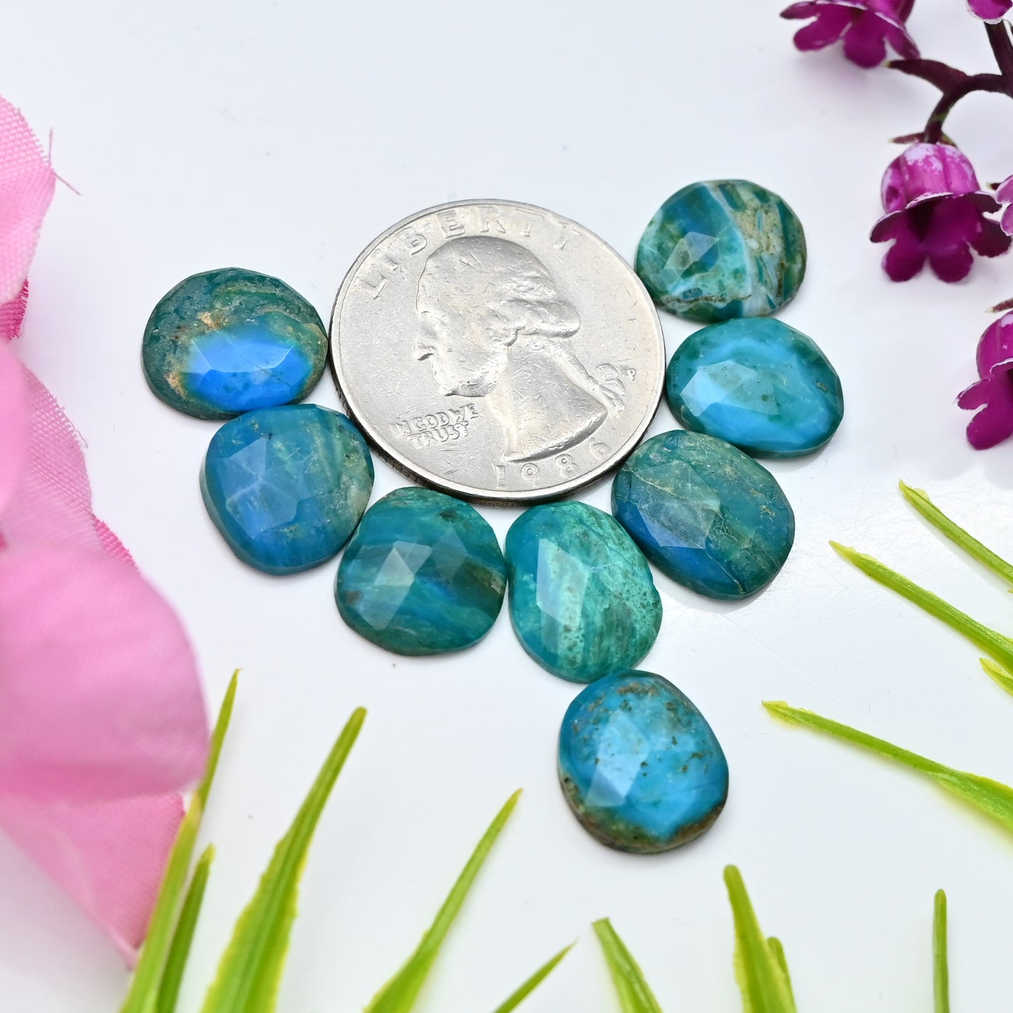 26cts Peruvian Blue Opal Smooth Cabochon 11x13mm - 10x13mm Free Form Shape AA Grade Gemstone Parcel -Total 8 Pcs