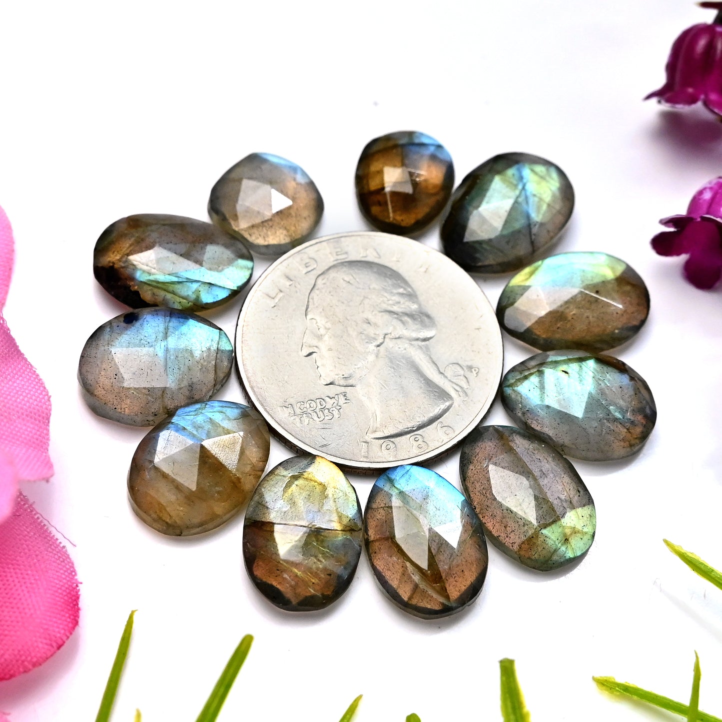 50.8cts Labradorite Rose Cut Cabochon 10x14mm - 9x11mm AA Grade Gemstone Parcel - Total 11 Pcs