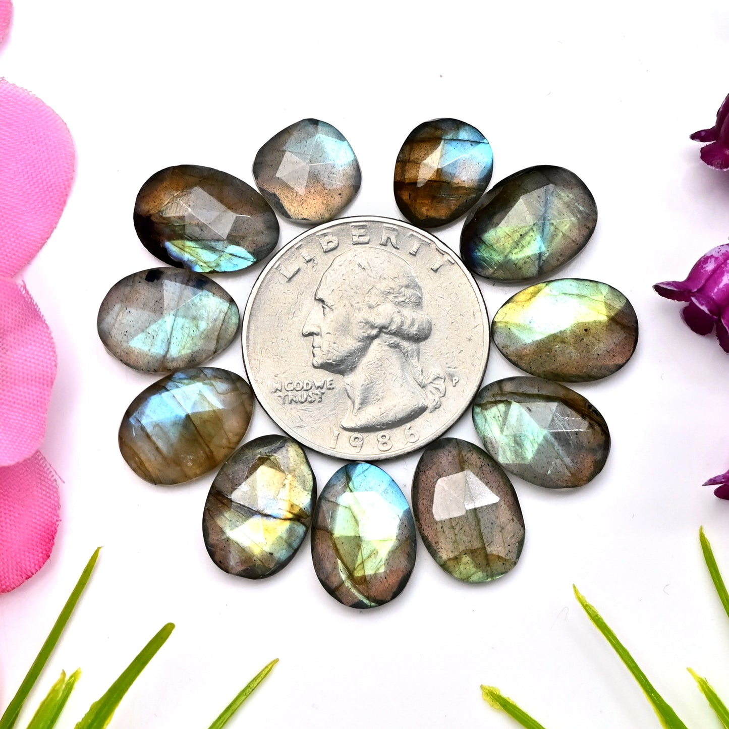 50.8cts Labradorite Rose Cut Cabochon 10x14mm - 9x11mm AA Grade Gemstone Parcel - Total 11 Pcs