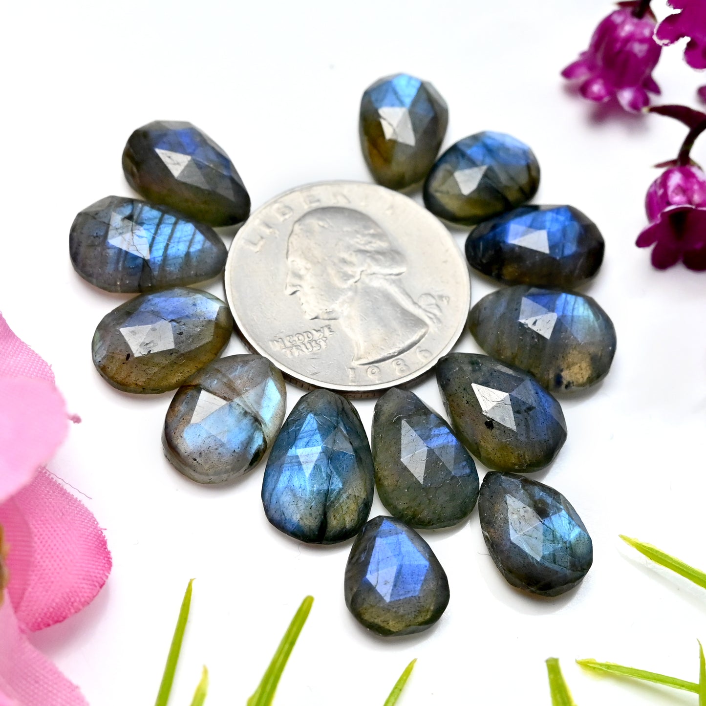 65.20cts Labradorite Rose Cut 9x12mm - 10x16mm Freeform shape AA Grade Gemstone Parcel - Total 13 Pcs