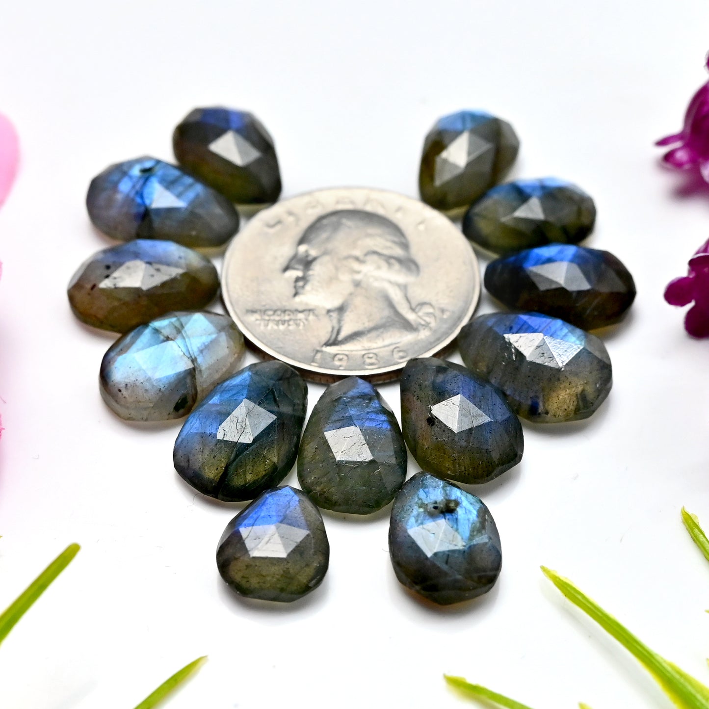 65.20cts Labradorite Rose Cut 9x12mm - 10x16mm Freeform shape AA Grade Gemstone Parcel - Total 13 Pcs