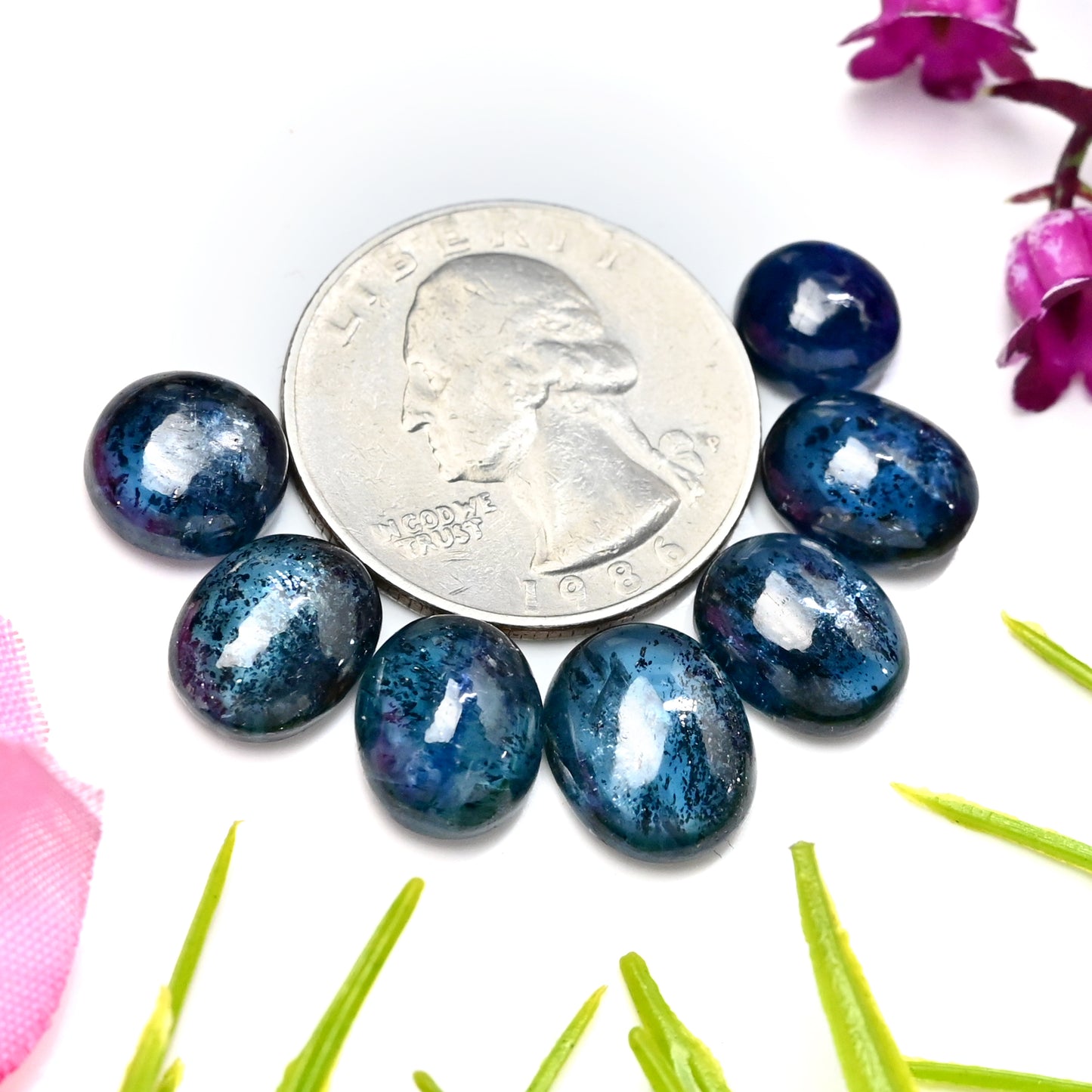 33,05 ct. Blaugrüner Moos-Kyanit, Rosenschliff, ovale Form, 9 x 11 mm – 10 x 12 mm, Edelsteinpaket der Güteklasse AA, insgesamt 7 Stück