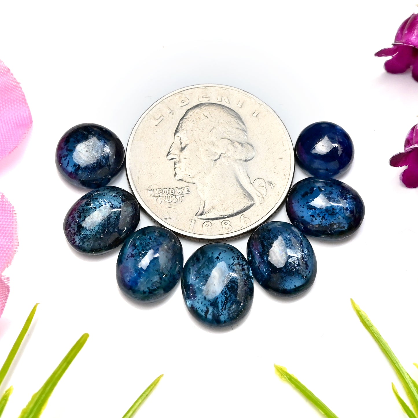 33,05 ct. Blaugrüner Moos-Kyanit, Rosenschliff, ovale Form, 9 x 11 mm – 10 x 12 mm, Edelsteinpaket der Güteklasse AA, insgesamt 7 Stück