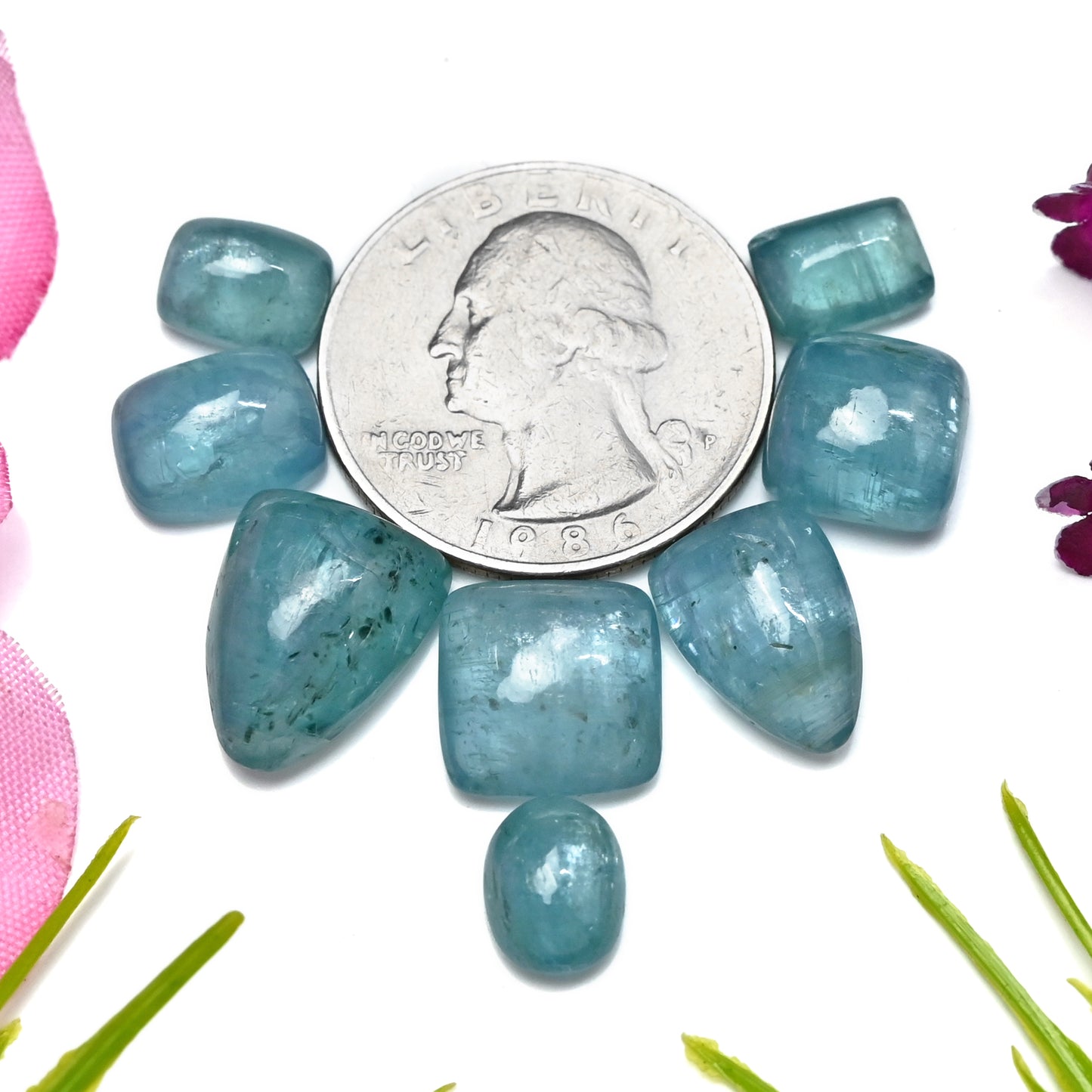 43,85 ct. Paraiba Aqua Kyanit 7 x 9 mm – 11 x 15 mm glatte Cabochons, Edelsteinpaket der Güteklasse AA – insgesamt 8 Stück