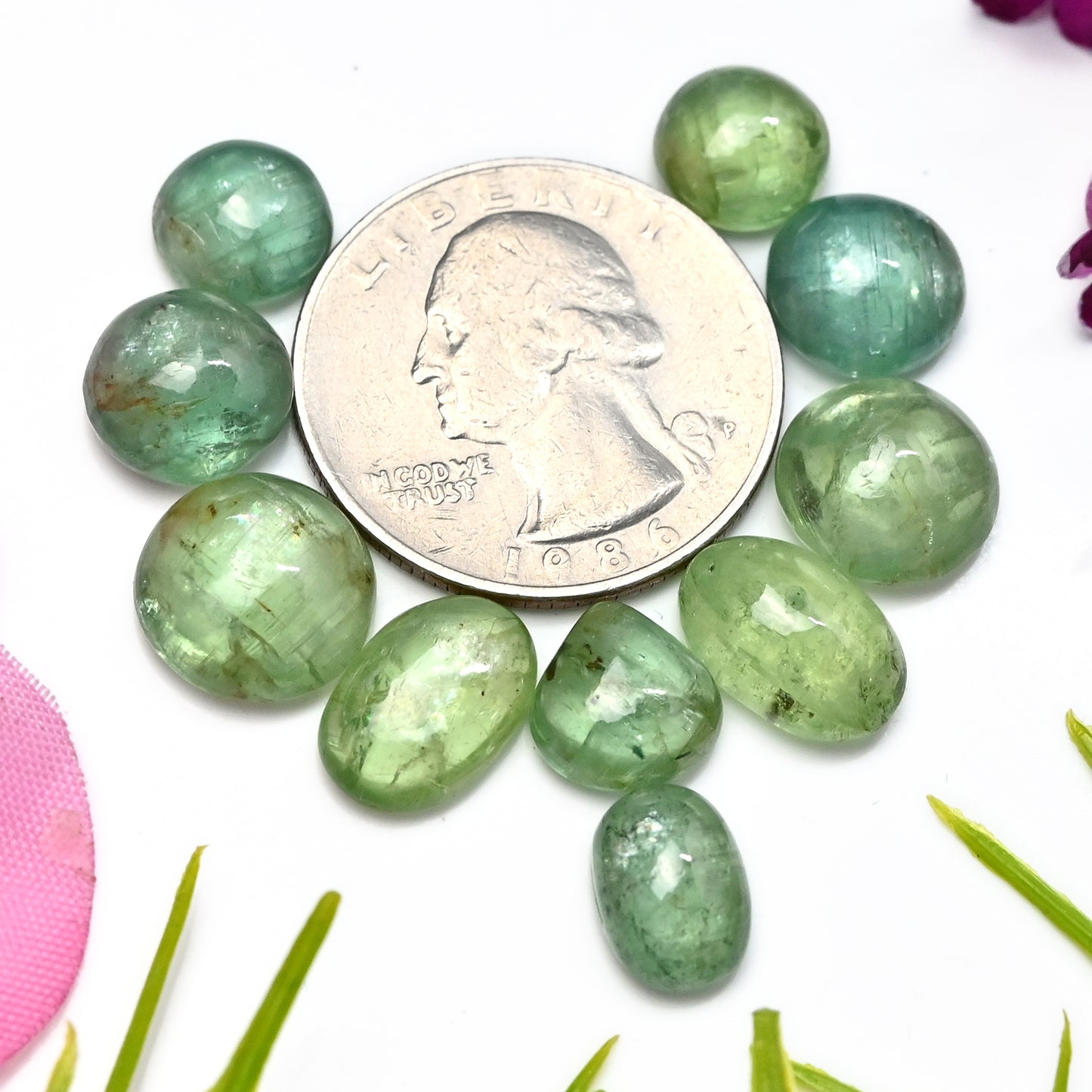 44,20 ct grüner Kyanit, glatter Cabochon, 7 x 10 mm – 8 x 12 mm, runde und ovale Form, Edelsteinpaket der Güteklasse AA, insgesamt 10 Stück