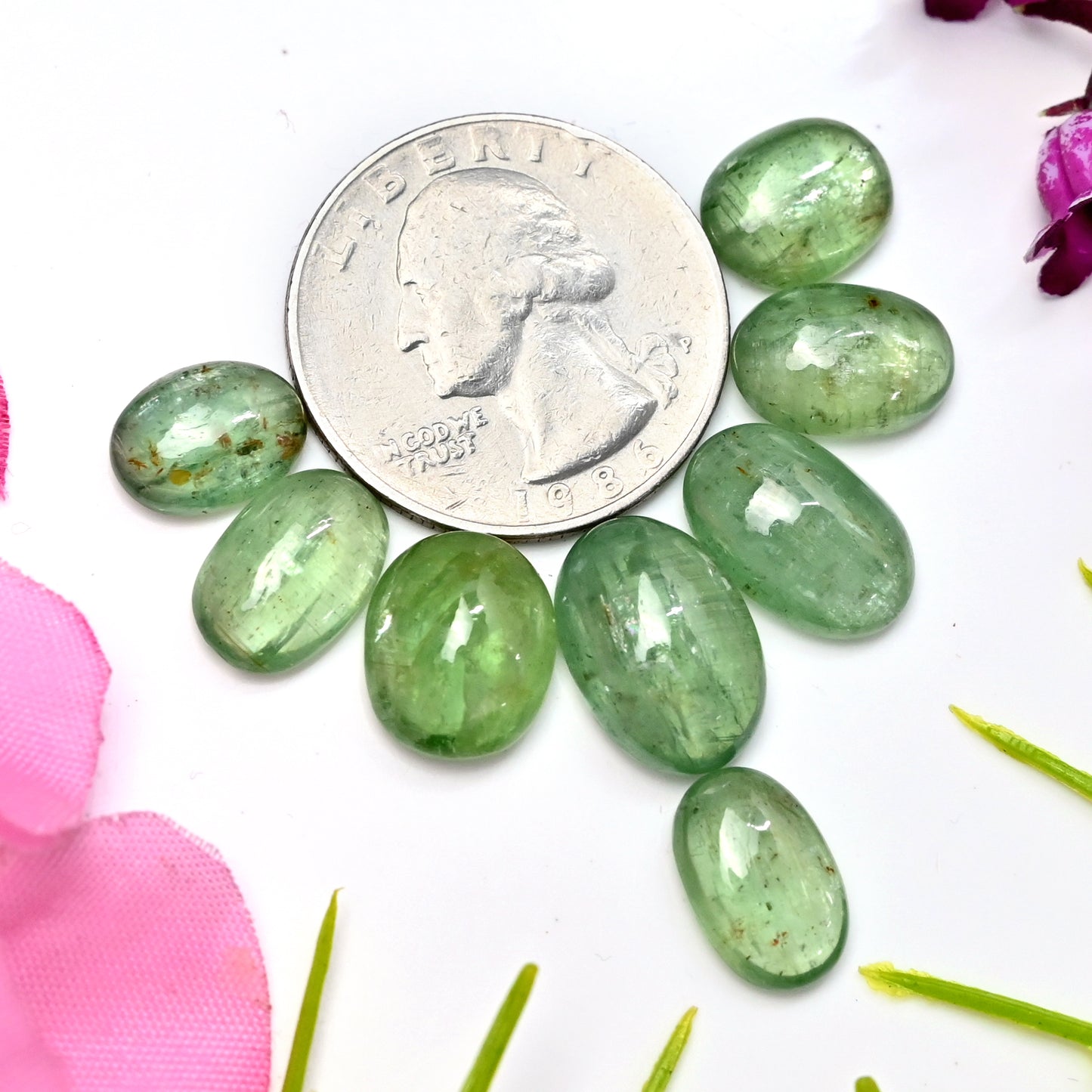 40,25 ct grüner Kyanit, glatter Cabochon, 8 x 11 mm – 10 x 14 mm, ovale Form, Edelsteinpaket der Güteklasse AA, insgesamt 8 Stück