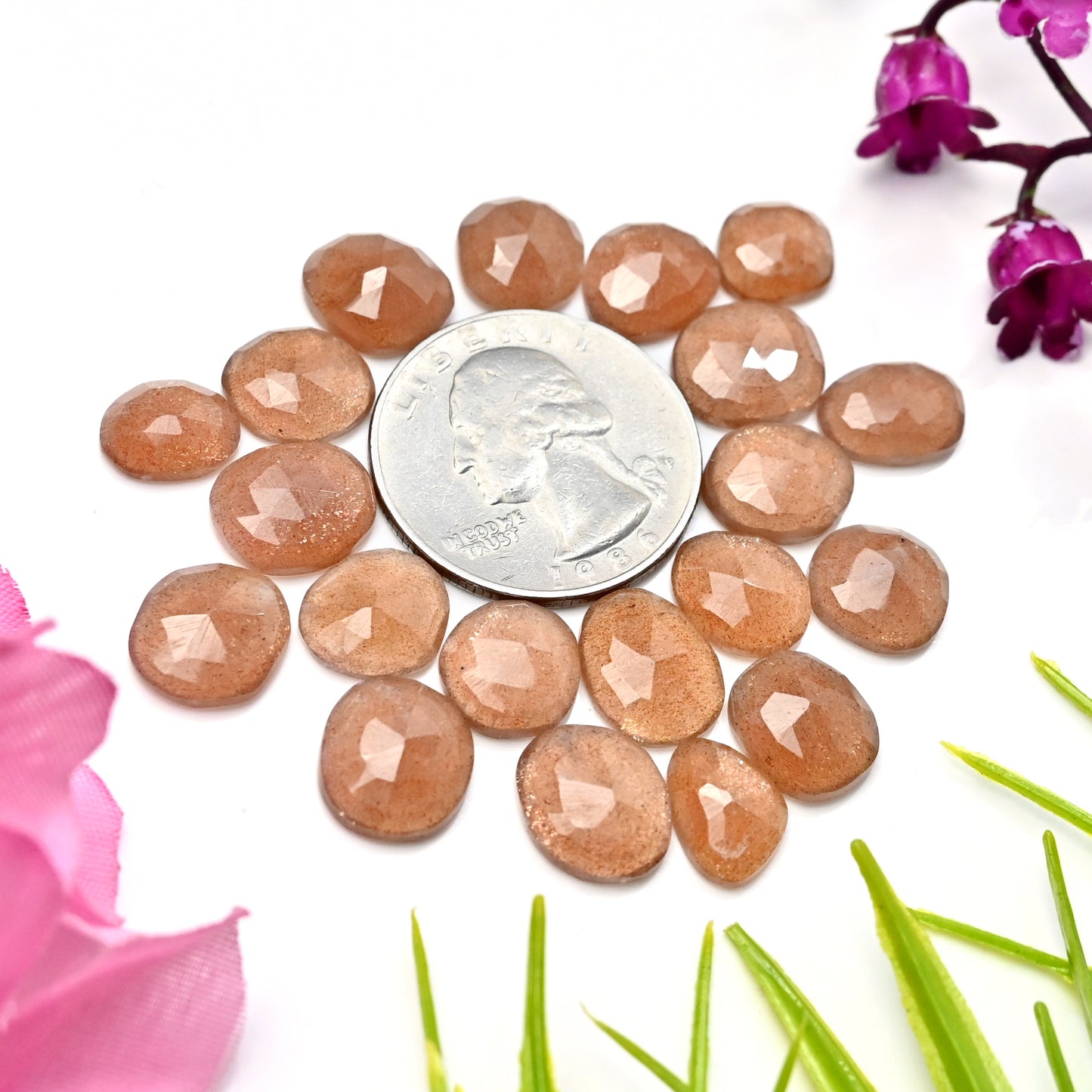 55.30cts.Peach Moonstone Rose Cut  10x12mm, 8x10mm  AA Grade Gemstone Parcel - Total 20 Pcs