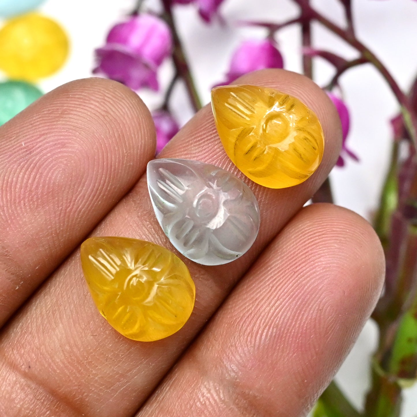 70.45cts Multi Chalcedony Carving 10x14mm, 12x16mm AA Grade Gemstone Parcel - Total 15 Pcs