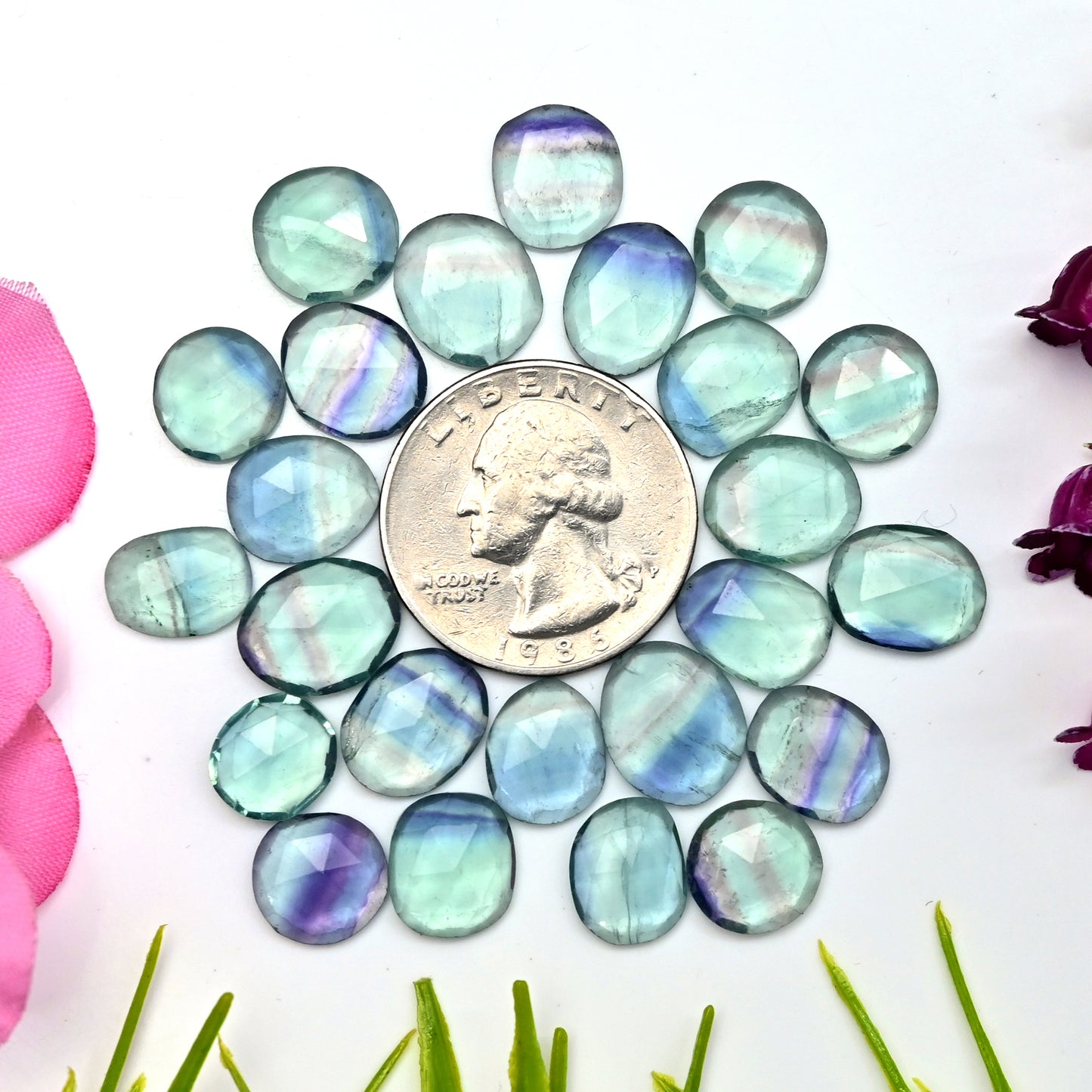 81.25cts Fluorite Rose Cut Cabochon 9x11mm - 11x13mm Free Form Shape AA Grade Gemstone Parcel - Total 24 Pcs