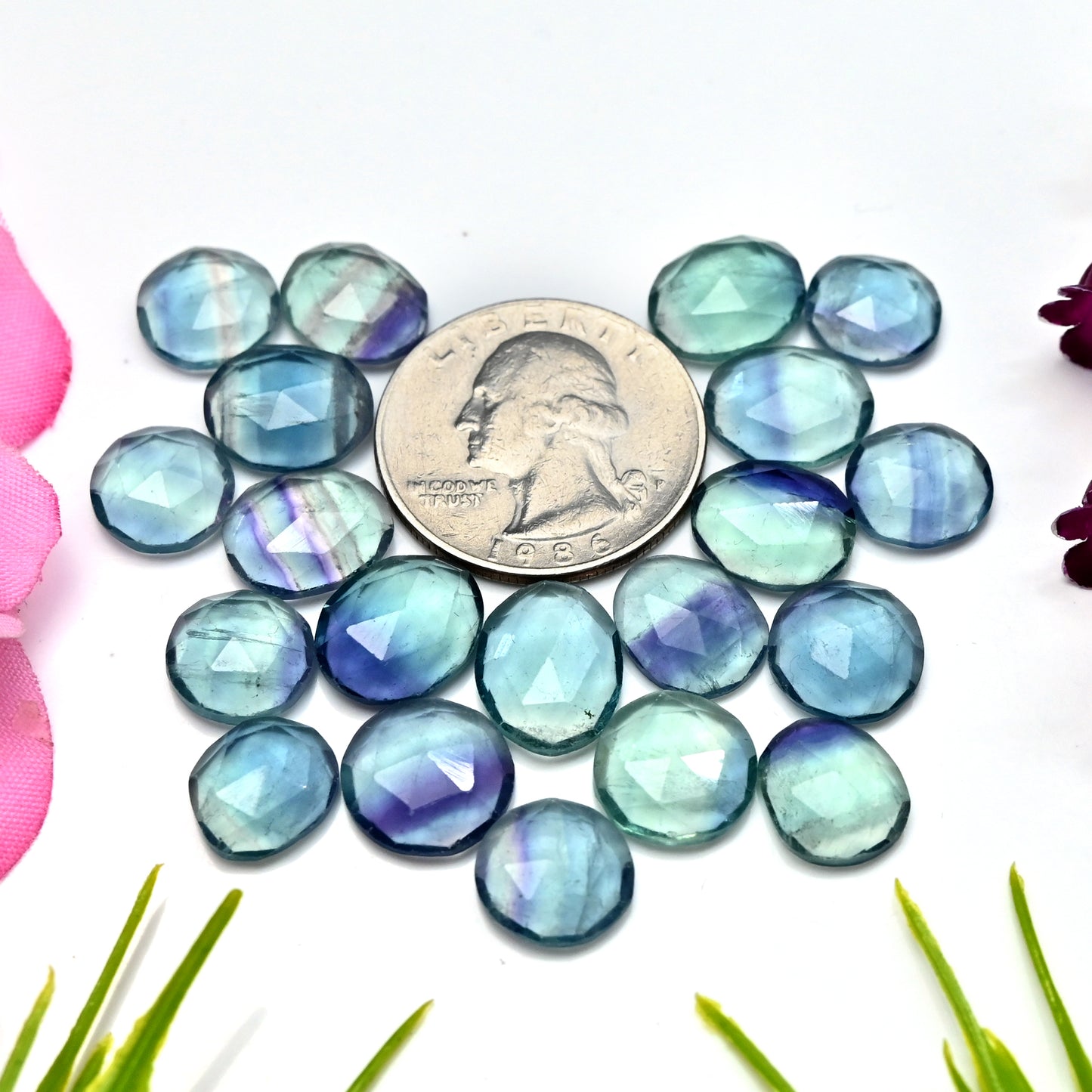 81.05cts Fluorite Rose Cut Cabochon 10x14mm - 11x13mm AA Grade Gemstone Parcel - Total 20 Pcs