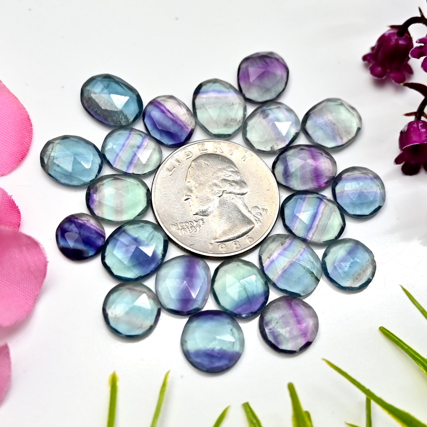 80.75cts Fluorite Rose Cut Cabochon 10x12mm - 11x13mm Free Form Shape AA Grade Gemstone Parcel - Total 21 Pcs