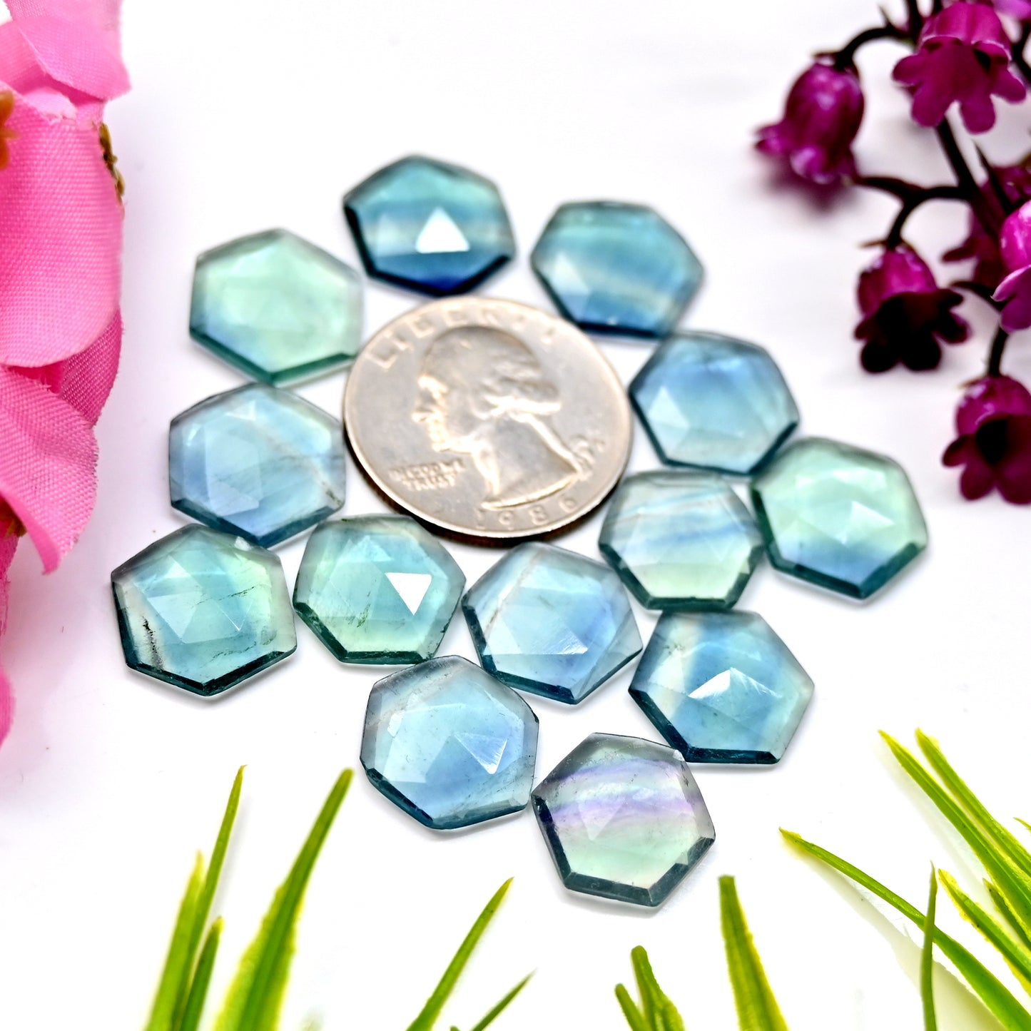 82.85cts Green Fluorite Hexagon Rose Cut Cabochon 13x13mm - 14x14mm AA Grade Gemstone Parcel - Total 13 Pcs