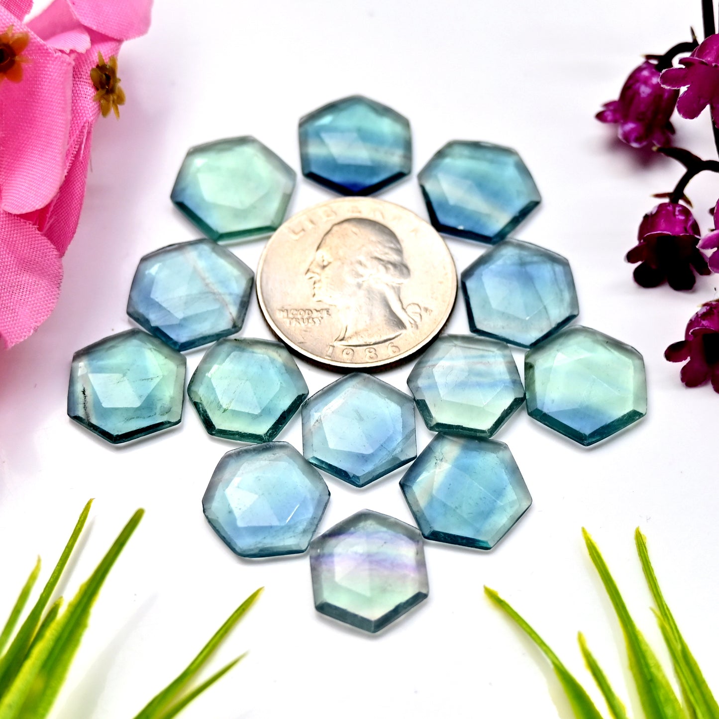 82.85cts Green Fluorite Hexagon Rose Cut Cabochon 13x13mm - 14x14mm AA Grade Gemstone Parcel - Total 13 Pcs