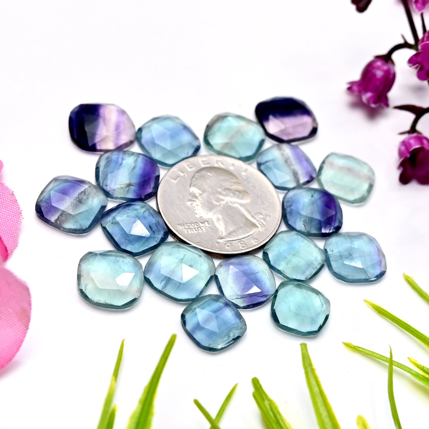 81cts Fluorite Rose Cut Cabochon 10x10mm - 13x13mm Free Form Shape AA Grade Gemstone Parcel - Total 17 Pcs