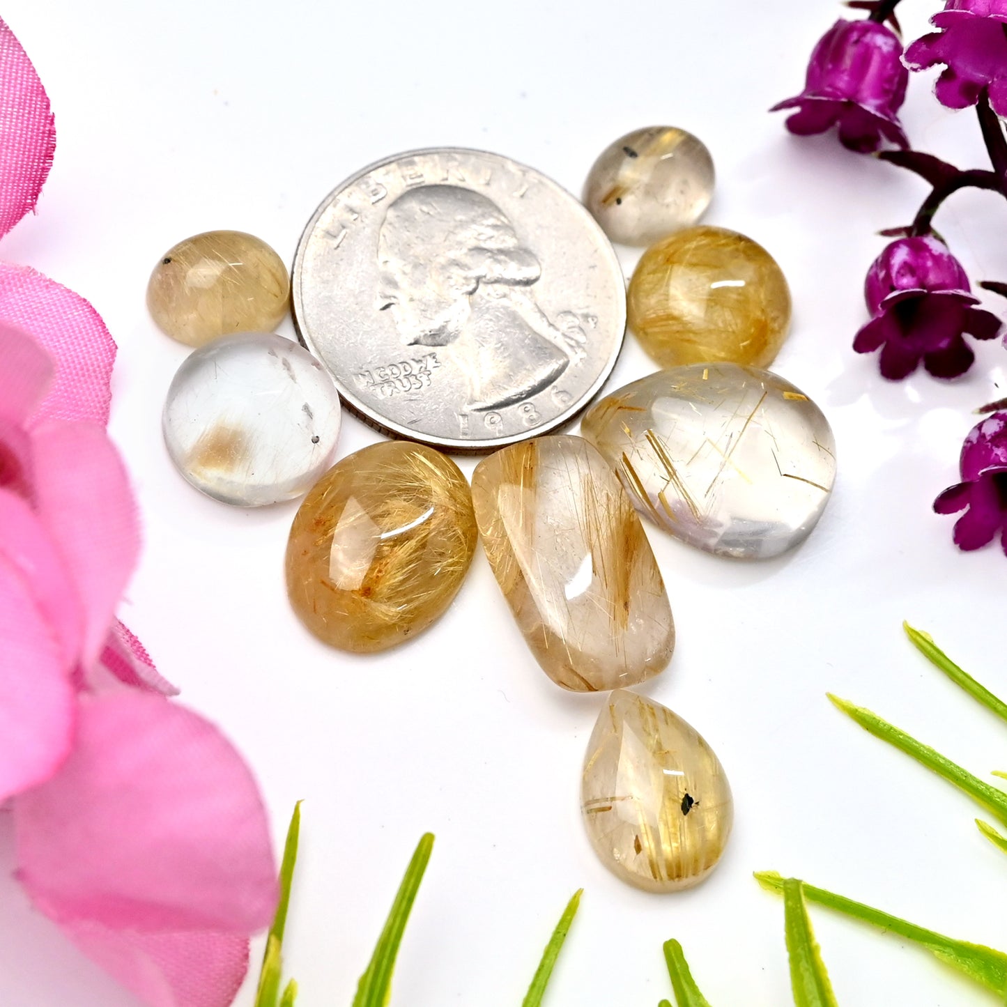 58.4cts Golden Rutilated Quartz Cabochon 8x10mm - 12x19mm Mix Shape AA Grade Gemstone Parcel -Total 8 Pcs