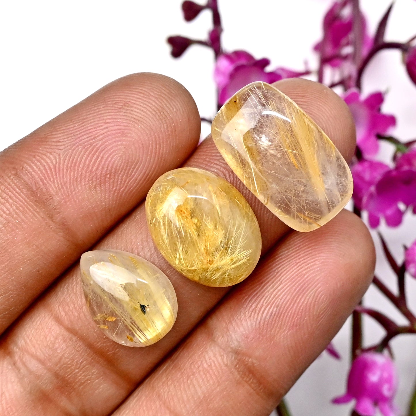 58.4cts Golden Rutilated Quartz Cabochon 8x10mm - 12x19mm Mix Shape AA Grade Gemstone Parcel -Total 8 Pcs