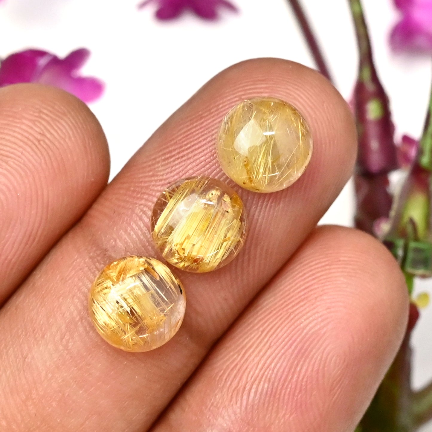 65.75cts Golden Rutilated Quartz Cabochon 8x8mm Round Shape AA Grade Gemstone Parcel -Total 30 Pcs