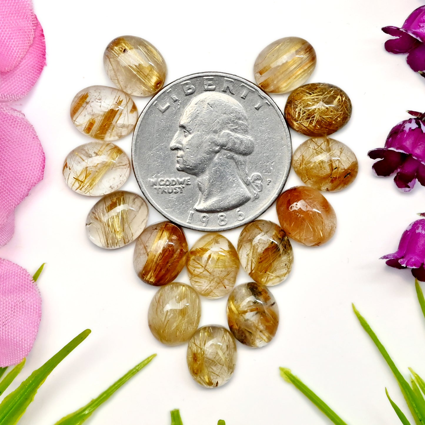 40.65cts Golden Rutilated Quartz Cabochon 8x10mm Oval Shape AA Grade Gemstone Parcel - Total 14 Pcs