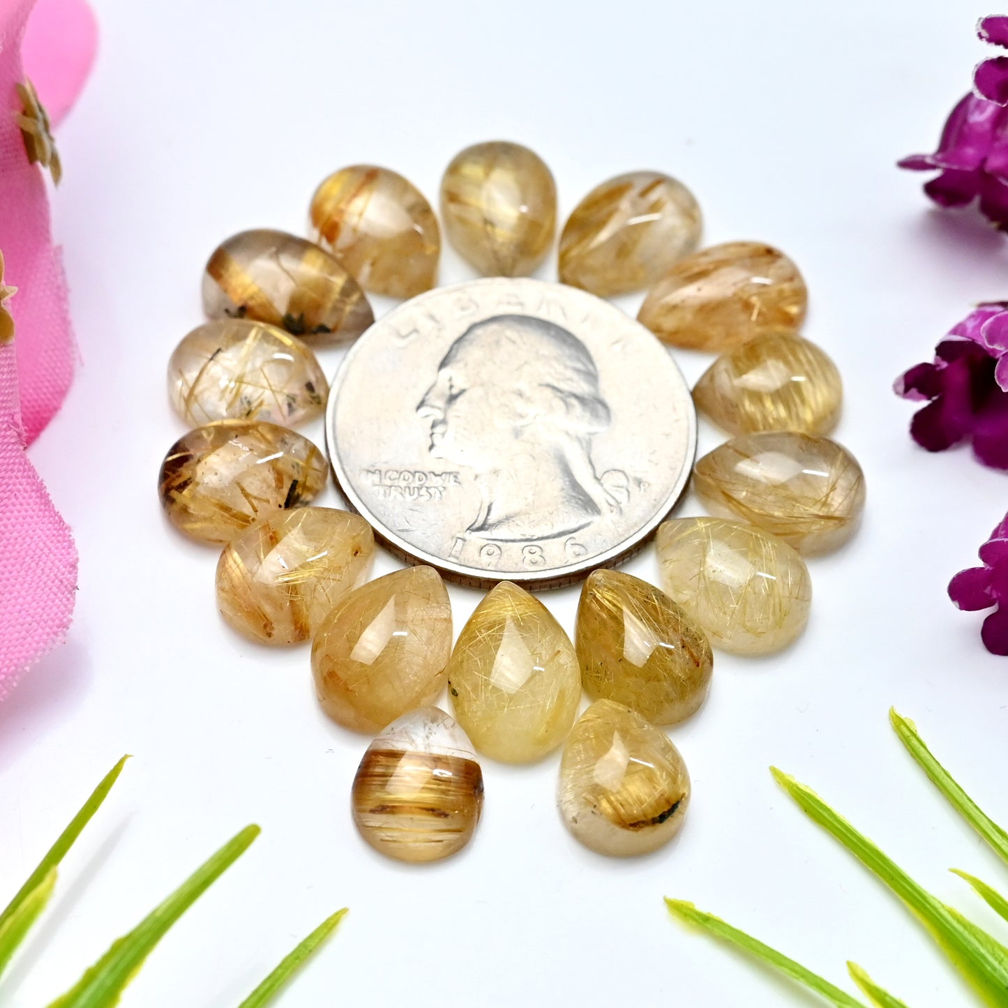 50.3 Golden Rutilated Quartz Cabochon 8x10mm - 8x11mm Mix Shape AA Grade Gemstone Parcel -Total 16 Pcs