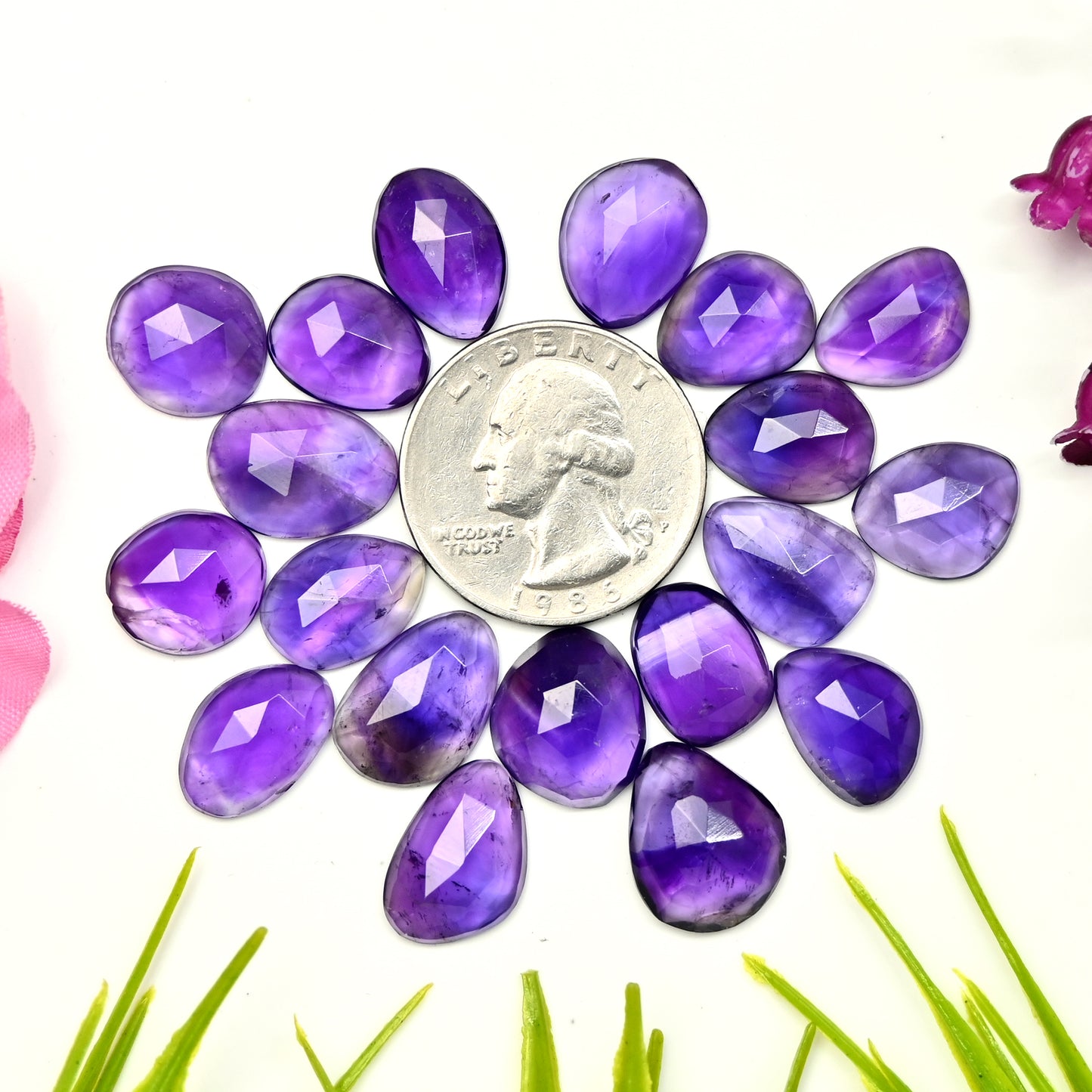 82.95cts Natural Amethyst 10x14mm - 11x15mm Rose Cut Cabochon Free Form Shape AA Grade Gemstone Parcel -Total 19 Pcs