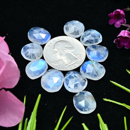 42.95cts Rainbow Moonstone Rosecut 12x14mm and 11x13mm Freeform Shape AA Grade Gemstone Parcel -Total 10 Pcs