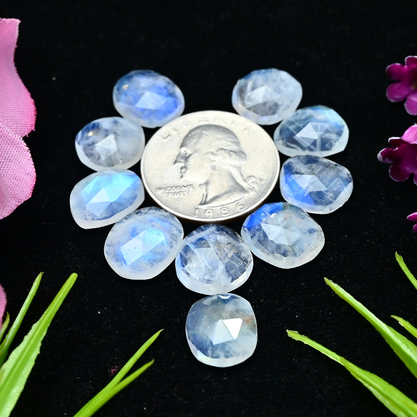 42.95cts Rainbow Moonstone Rosecut 12x14mm and 11x13mm Freeform Shape AA Grade Gemstone Parcel -Total 10 Pcs