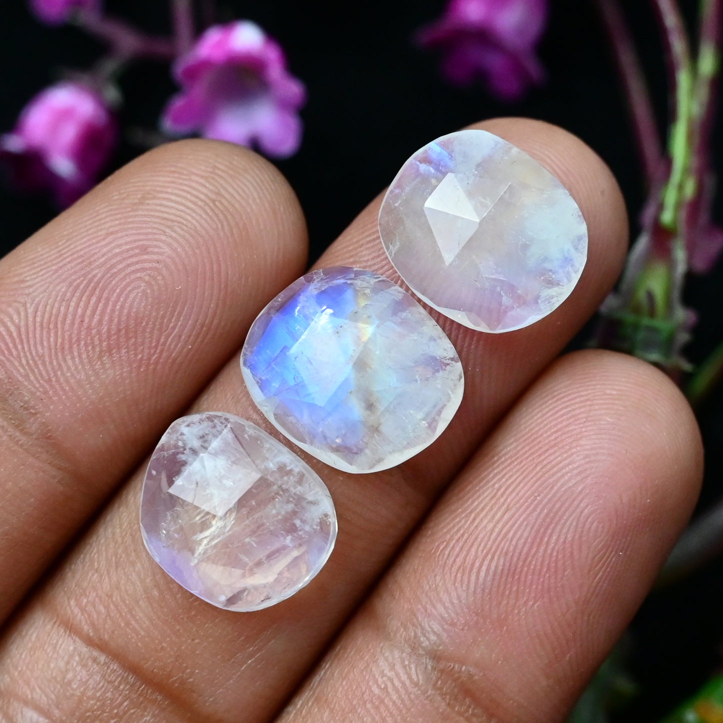 42.95cts Rainbow Moonstone Rosecut 12x14mm and 11x13mm Freeform Shape AA Grade Gemstone Parcel -Total 10 Pcs