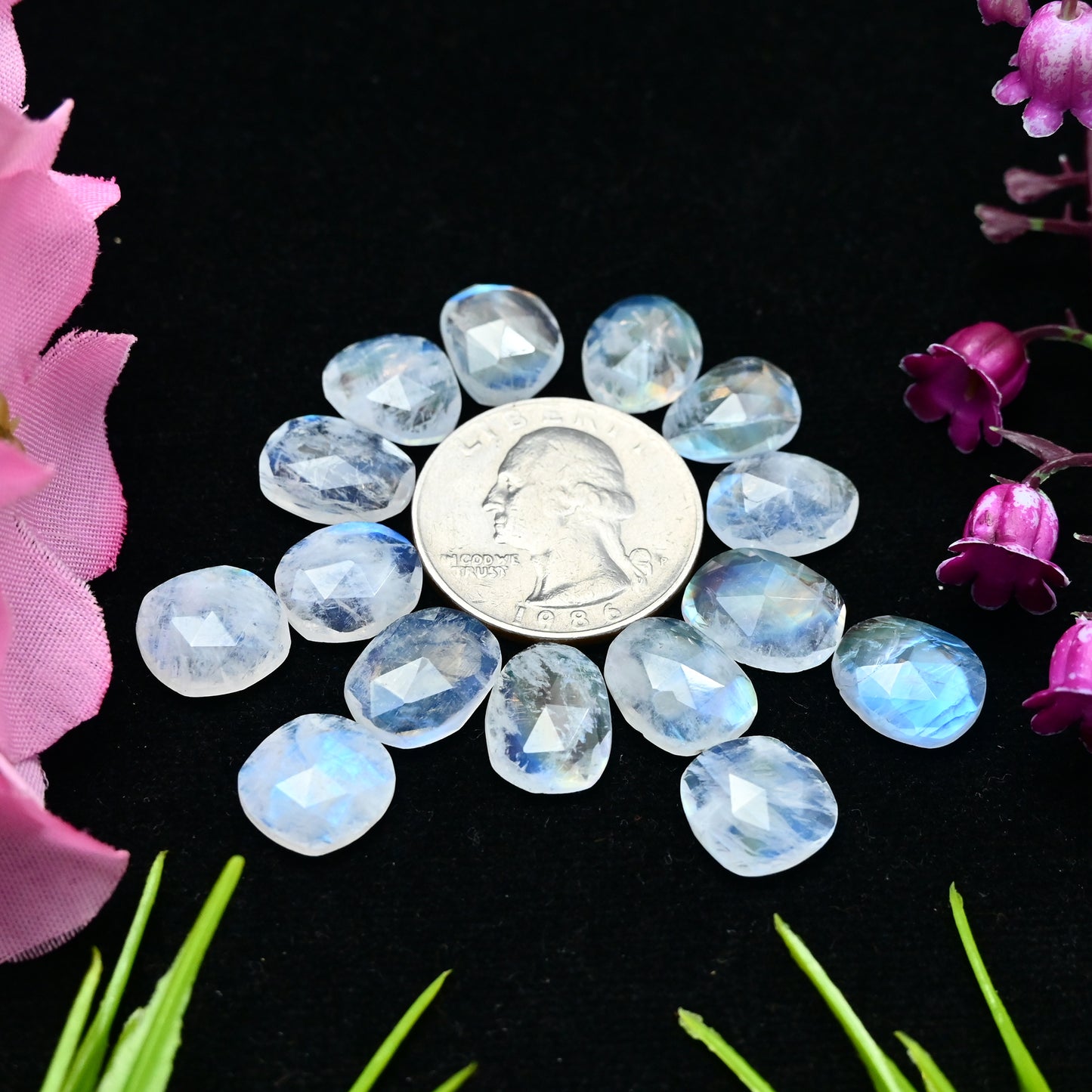 51.45cts Rainbow Moonstone Rosecut 9x13mm and 10x14mm Freeform Shape AA Grade Gemstone Parcel -Total 15 Pcs