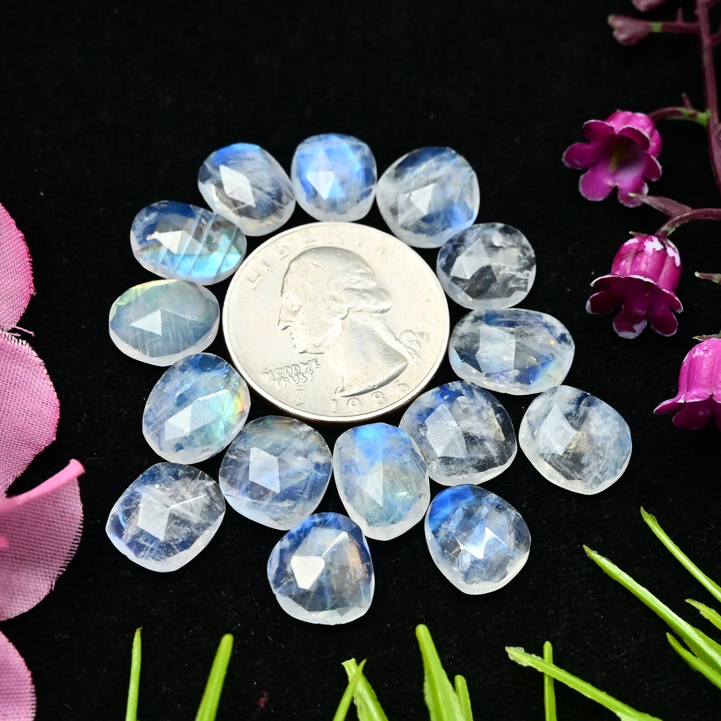 47.95cts Rainbow Moonstone Rosecut Cabochons 9x12mm - 10x12mm Freeform Shape AA Grade Gemstone Parcel -Total 15 Pcs