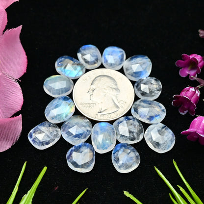 47.95cts Rainbow Moonstone Rosecut Cabochons 9x12mm - 10x12mm Freeform Shape AA Grade Gemstone Parcel -Total 15 Pcs