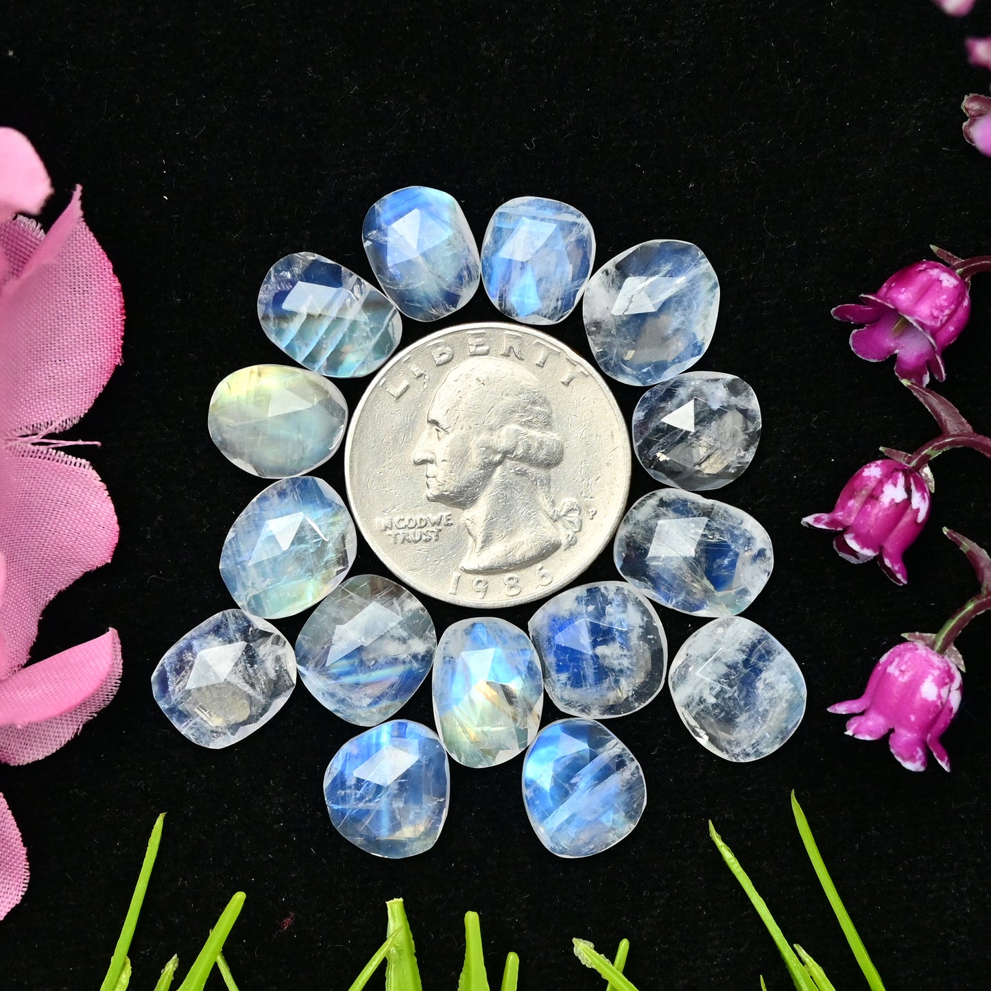 47.95cts Rainbow Moonstone Rosecut Cabochons 9x12mm - 10x12mm Freeform Shape AA Grade Gemstone Parcel -Total 15 Pcs