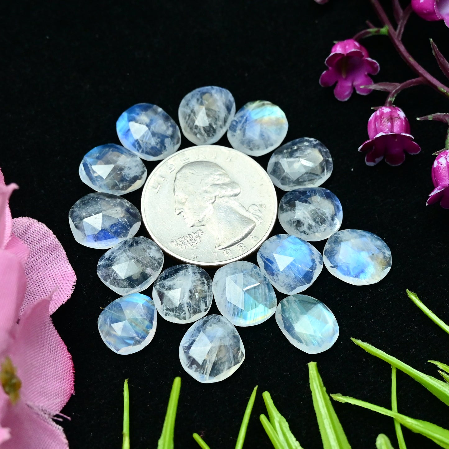 44.25cts Rainbow Moonstone Rosecut 9x11mm and 10x12mm Freeform Shape AA Grade Gemstone Parcel -Total 15 Pcs