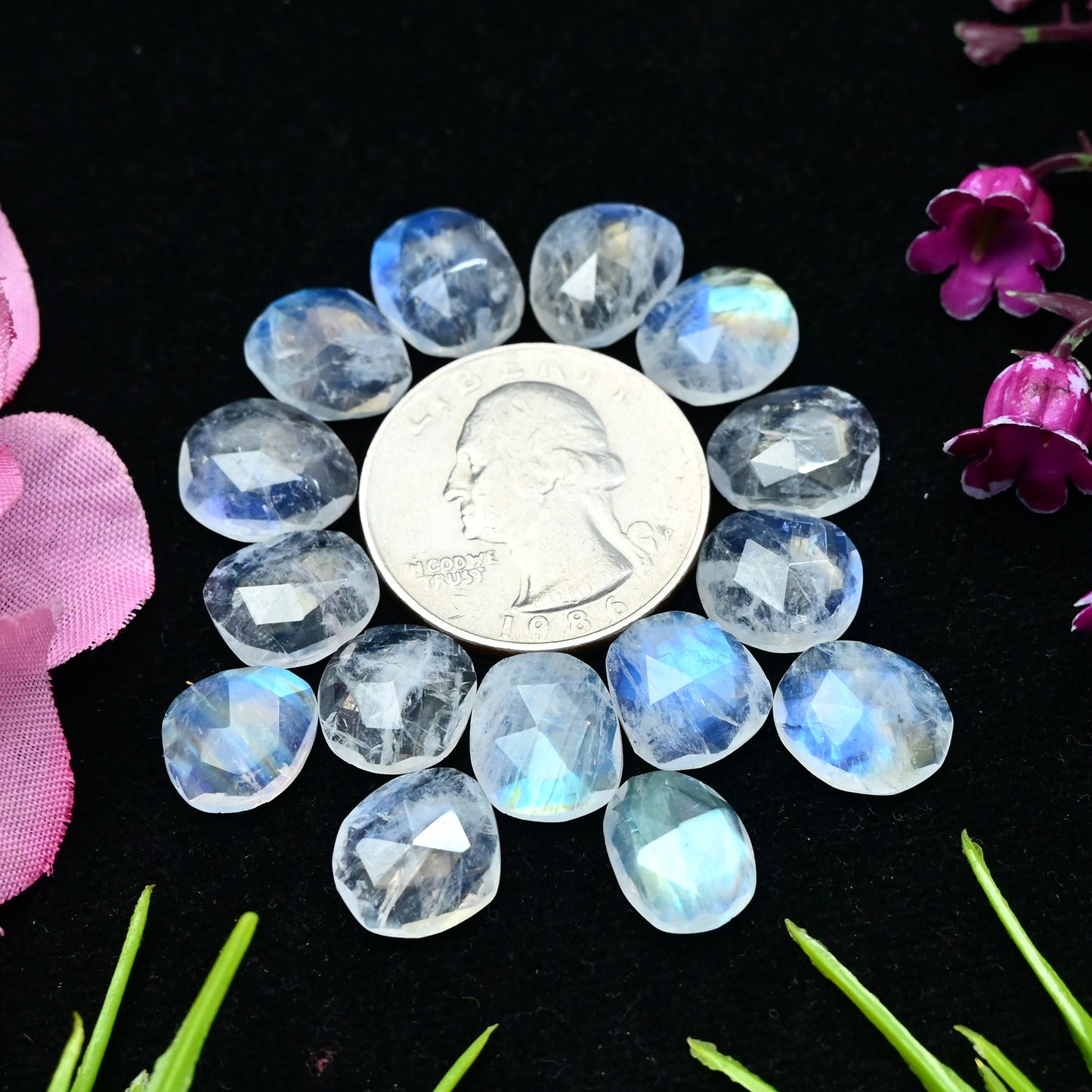 44.25cts Rainbow Moonstone Rosecut 9x11mm and 10x12mm Freeform Shape AA Grade Gemstone Parcel -Total 15 Pcs