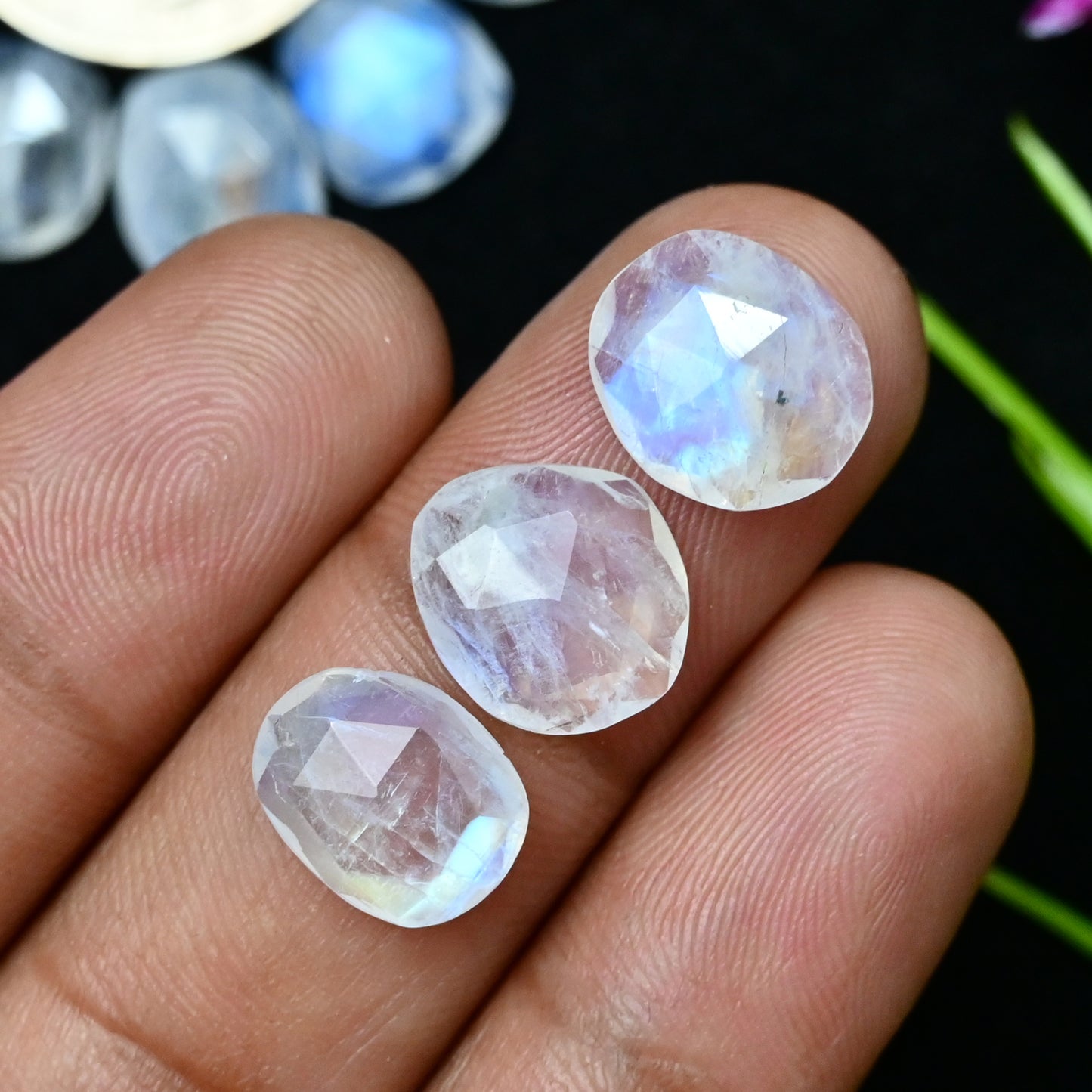 44.25cts Rainbow Moonstone Rosecut 9x11mm and 10x12mm Freeform Shape AA Grade Gemstone Parcel -Total 15 Pcs