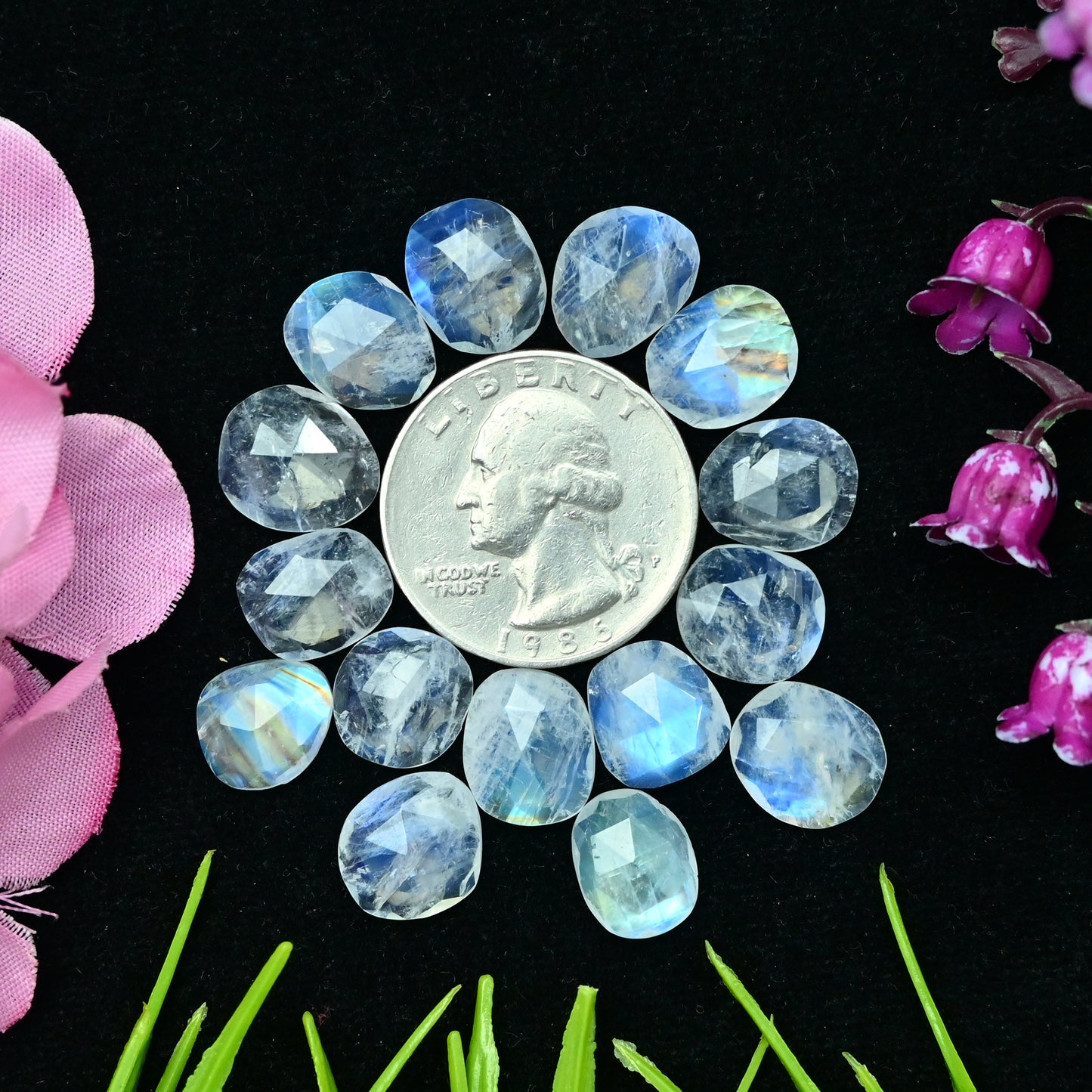 44.25cts Rainbow Moonstone Rosecut 9x11mm and 10x12mm Freeform Shape AA Grade Gemstone Parcel -Total 15 Pcs