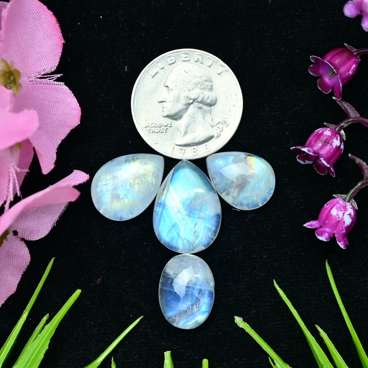 41.2cts Rainbow Moonstone Smooth Cabochons 14x20mm - 12x16mm Mix Shape AA Grade Gemstone Parcel -Total 4 Pcs