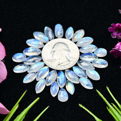 48.3cts Rainbow Moonstone Smooth Cabochons 6x9mm - 6x12mm Mix Shape AA Grade Gemstone Parcel -Total 29 Pcs