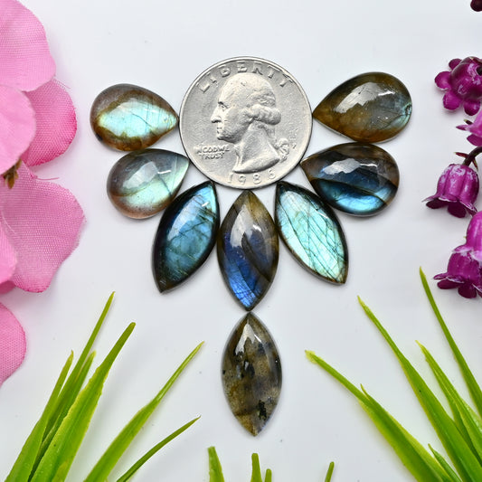 80.4cts Labradorite Smooth Cabochon 12x16mm - 11x23mm AA Grade Gemstone Parcel - Total 8 Pcs