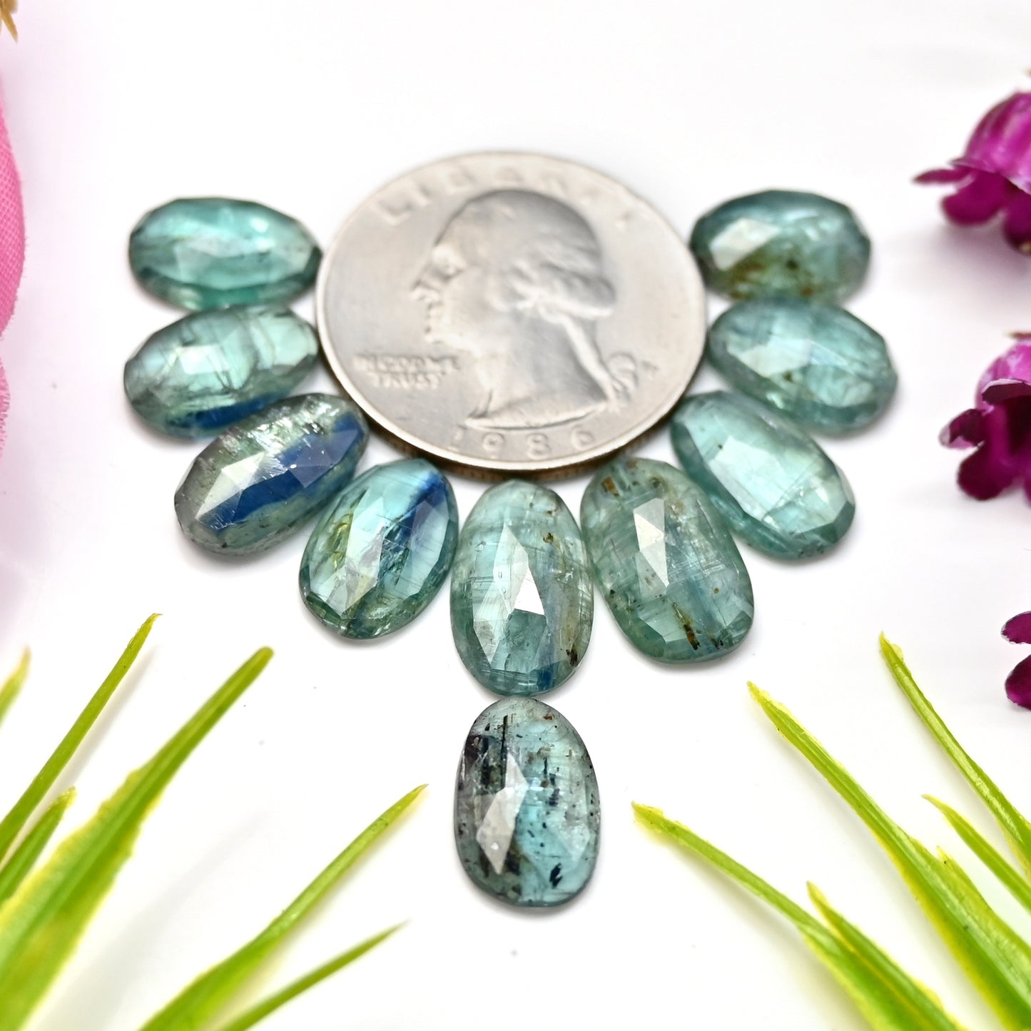 39.85cts Emerald Bio Green Kyanite Rose Cut Cabochon 8x14mm - 9x12mm Oval Shape AA Grade Gemstone Parcel - Total 10 Pcs