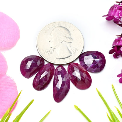 25.6cts Natural African Ruby Rose Cut Cabochon 10x13mm - 8x19mm AA Grade Gemstone Parcel - Total 5 Pcs