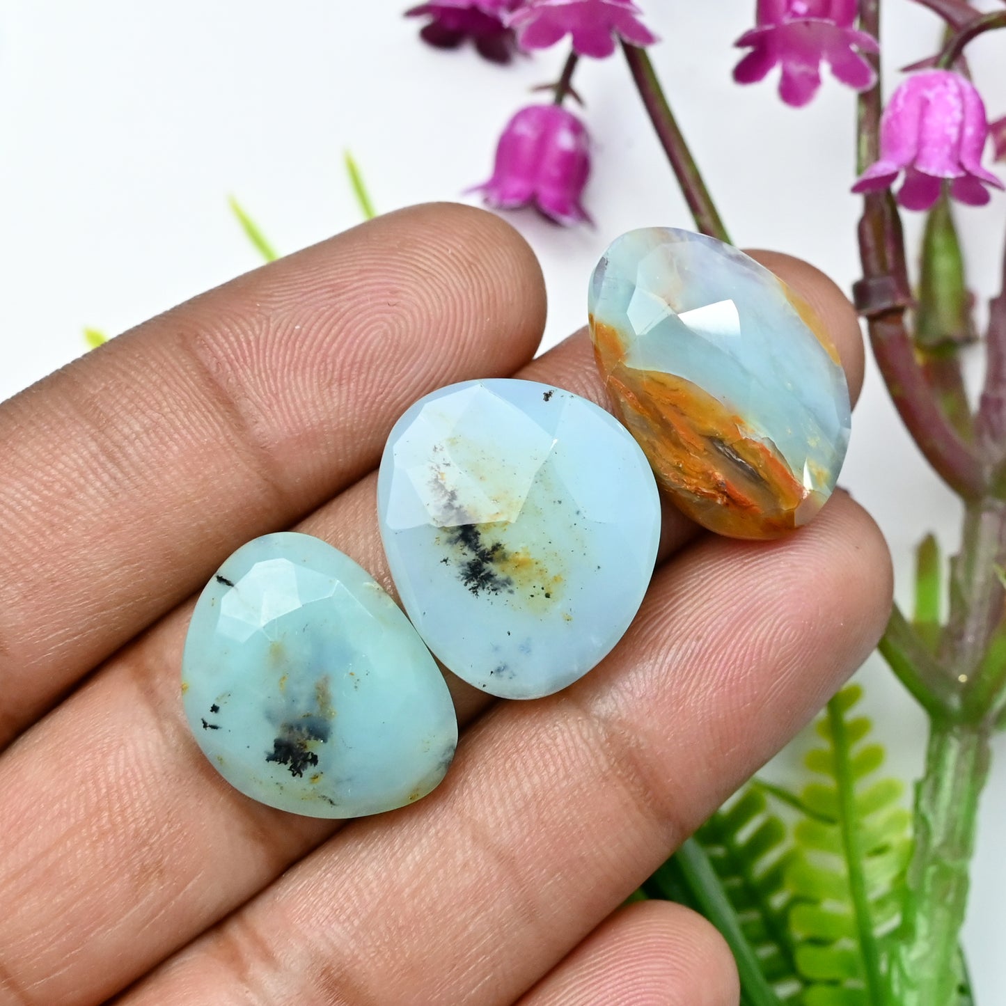 43.48cts Peruvian Blue Opal Smooth Cabochon 21x25mm - 15x20mm Free Form Shape AA Grade Gemstone Parcel -Total 4 Pcs