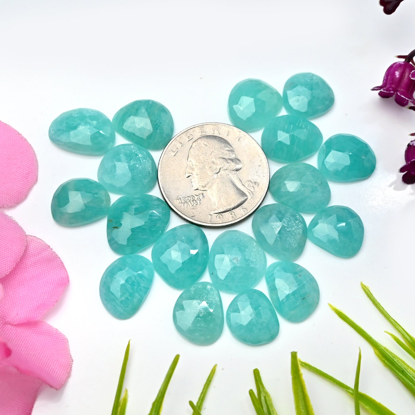 75.1cts Amazonite Rose Cut Cabochon 10x14mm - 12x15mm AA Grade Gemstone Parcel - Total 18 Pcs