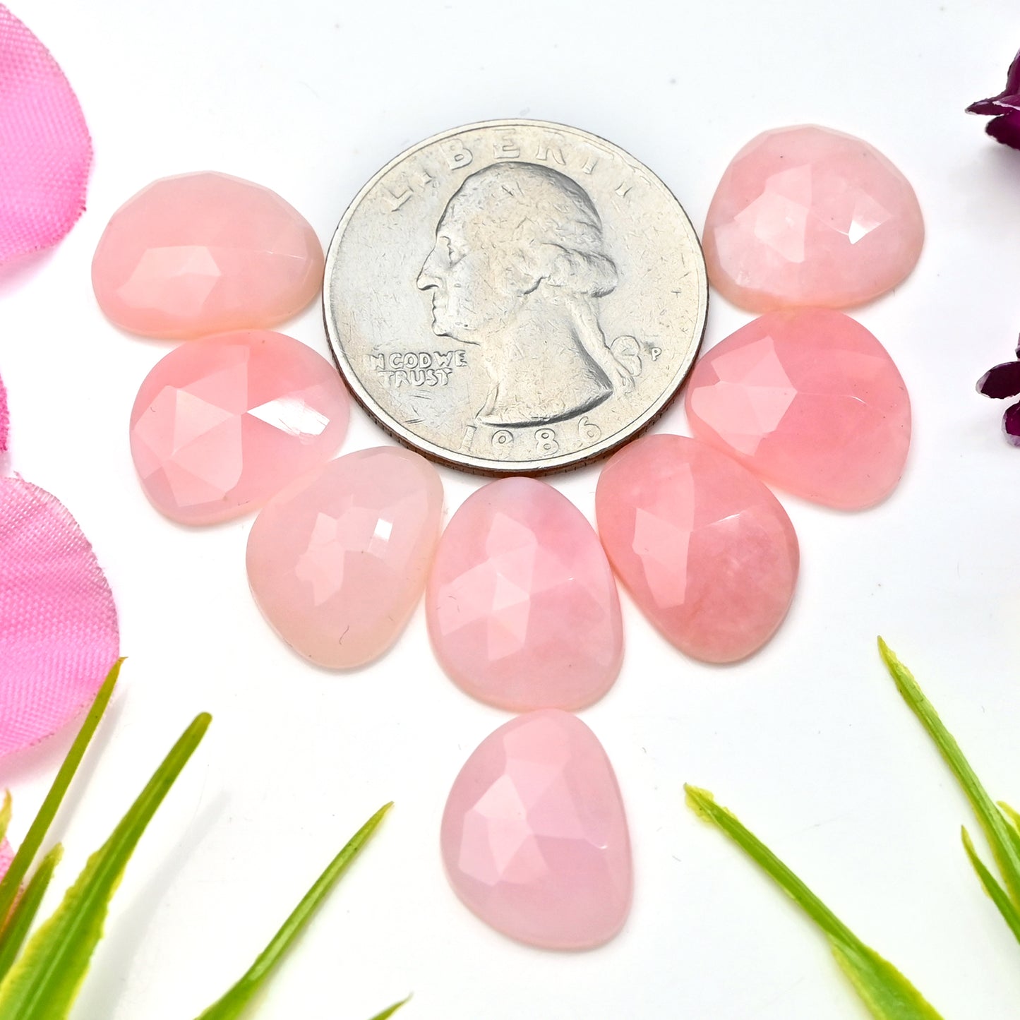 26.3cts Peruvian Pink Opal Rose Cut Cabochon 11x15mm - 12x14mm AA Grade Gemstone Parcel - Total 8 Pcs